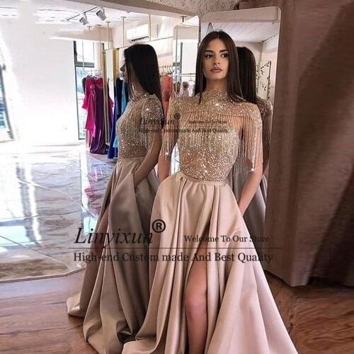 Dubai Arabic Blush Evening Dress 2020 High Neck Side Split with Pockets Beads Tassel Handmade Long Formal Prom Party Gown