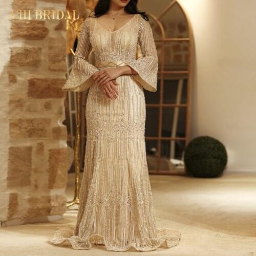 Golden A-Line Luxury Evening Dress New Glitter Beaded Mid-Length-Sleeved Elegant Noble Dress For Girlfriends Party Or Evening