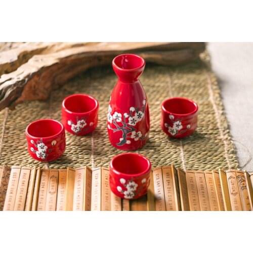 10cm Chinaware Plum Wine Chinese Red Plum Pots and Four Cup Sets Warm Wine Bottles