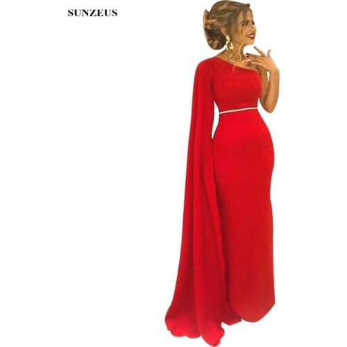 2019 Elegant Red Evening Dresses Sheath One Shoulder Formal Gowns Long Arabic Women Party Dress Maxi Sleeves