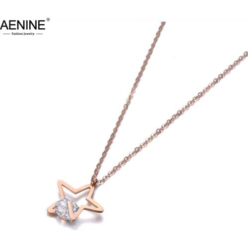 AENINE Office Stainless Steel Cubic Zirconia Star Pendant Necklaces Jewelry Rose Gold Chokers Necklace For Women Girls AN19013