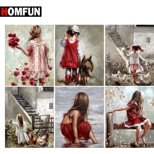 HOMFUN Diamond Embroidery DIY Diamond Painting Cross Stitch Kit "Flower girl red dress" 5D Needlework Diamond Home Decoration