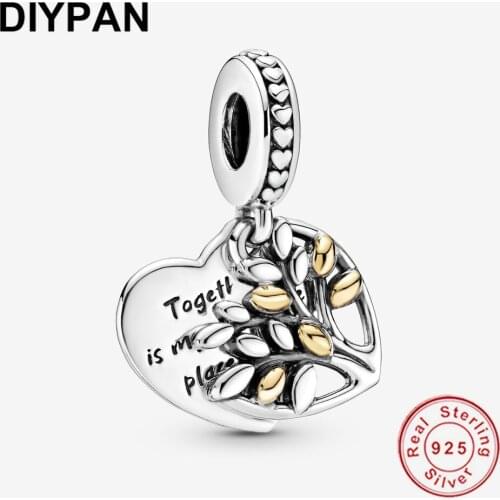 Two-Tone Family Tree Heart Dangle Charm Fit Original Pandora Bracelet Charm 925 Sterling Silver Charm Women Jewelry Berloque