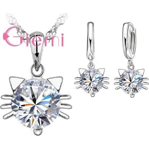 Hot Sale New 925 Sterling Silver Jewellery Sets Cubic Zircon Pretty Cat Head Pendant Necklace Hoop Earrings Set