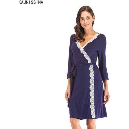 Women Robe Long Sleeve V-Neck Lace-trimmed Nighties Sleepwear Robes with Belt Kimono Bathrobe Dressing Gown Female Homewear