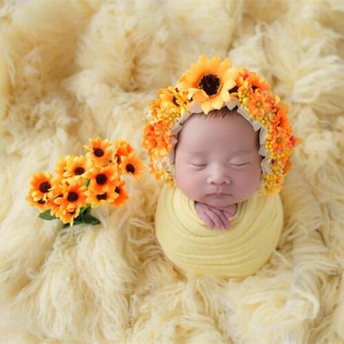 Lovely Sunflower Bonnet Handmade Newborn Yellow Floral Hat Baby Girl Photo Prop Infant Ruffle Hat Birthday Gift