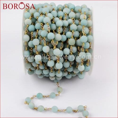 BOROSA 5Meters Fashion 8mm Amazon Stone Scrubs Bead Chain Brass Chain New Beaded Chains Jewelry Finding JT228