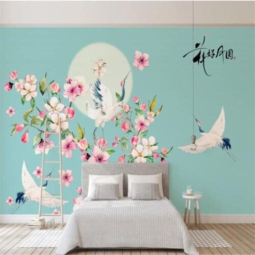 Custom Mural Wallpaper Simple Hand-Painted Plum Blossom Crane Background Wall Painting
