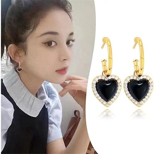 New Arrival Fashion Drop Earrings Metal Trendy Heart Women Dangle Earring Black Love Earrings Crystal Peach Heart Jewelry