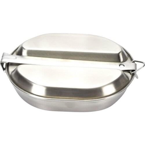 Outdoor Lunch Box with Long Handle Stainless Steel Oval Single Layer Food Container Frying Pan