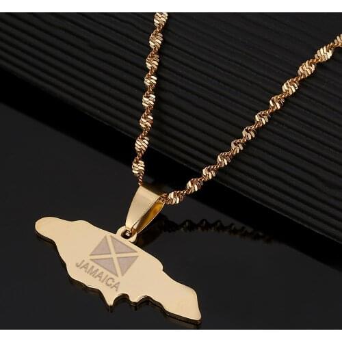 Stainless Steel Jamaica Map Pendant Necklaces Gold Color Jamaican Map Flag Charm Jewelry