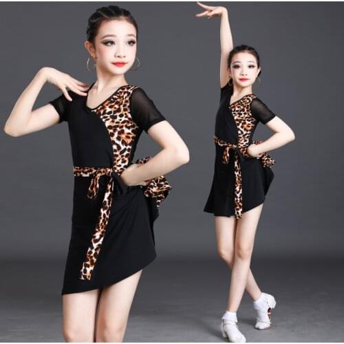 Girls Leopard Print Patchwork Latin Dance Dress Spring Summ Childrens Examination Level Competition Performance Clothes New