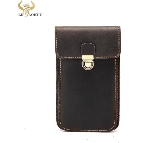 Luxury Crazy Horse Leather men Design Retro Slim Hook Bum Bag Travel Fanny Waist Belt Pack Cigarette Case 6" Phone Pouch 2064