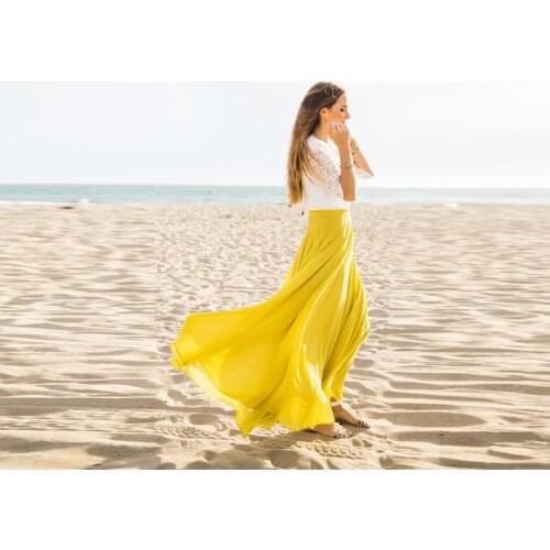 Spring Summer Yellow Chiffon Skirts Women Zipper Waist A Line Floor Length Long Skirt Cool Maxi Skirt Holiday Beach Boho Style