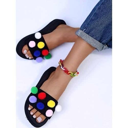 Summer Hairball Slippers Peep Toe Solid Candy Color Beach Shoes Footwear Large Size One-Word Sandals Flat Thick Bottom Flip Flop