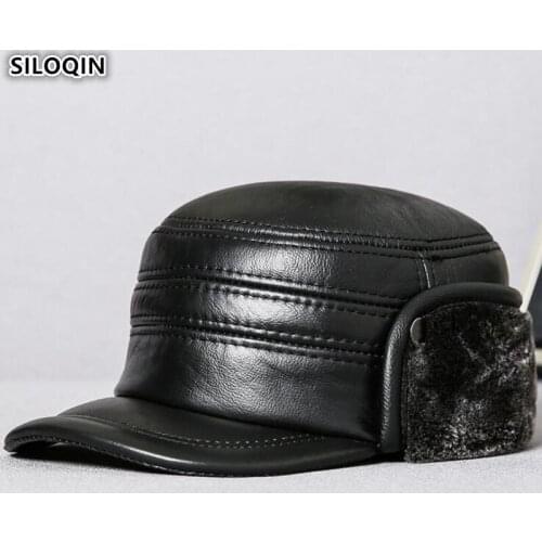 SILOQIN Natural Real Genuine Leather Hat Mens Warm Winter Hat Army Military Hats Thick Velvet Flat Caps Men Cowhide Leather Cap