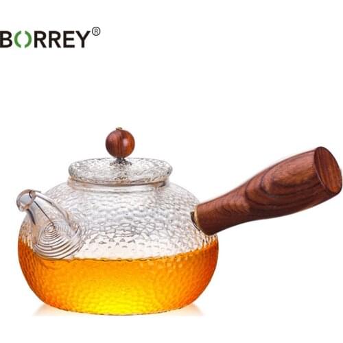 BORREY Glass Teapot With Removable Filter Wood Handle Stove & Microwave Safe Borosilicate Glass Kettle coffee Tea pot Cup 300ML