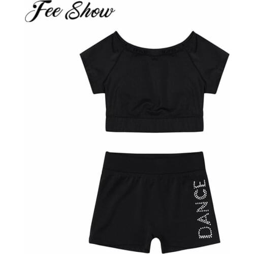 FEESHOW Kids Girls Tankini Short Sleeve Tank Top with Letters Shorts Bottoms Set for Girl Ballet Dance Sports Workout Gymnastics