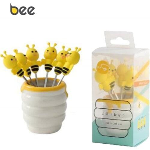 6pcs/set Cute Little Bee Animal Fruit Forks with Ceramic Pot Holder Kids Cartoon Fruit Forks Picks Table Decoration Tools