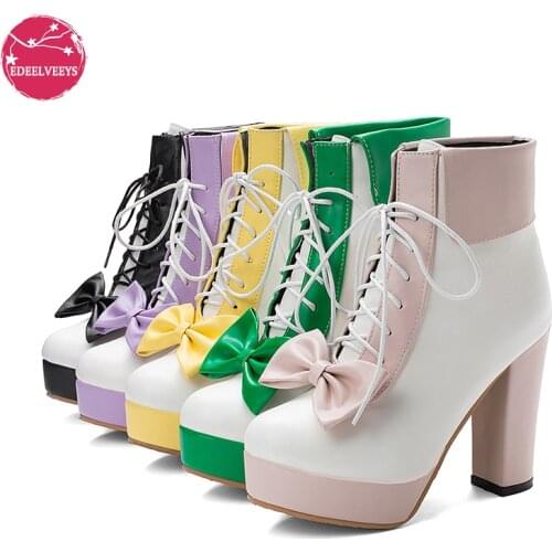 Women Lolita Boots Kawaii Shoes Autumn Winter Platforms Ankle Boots Female Chunky Leather Loli Party Booties Ladies Square Heels