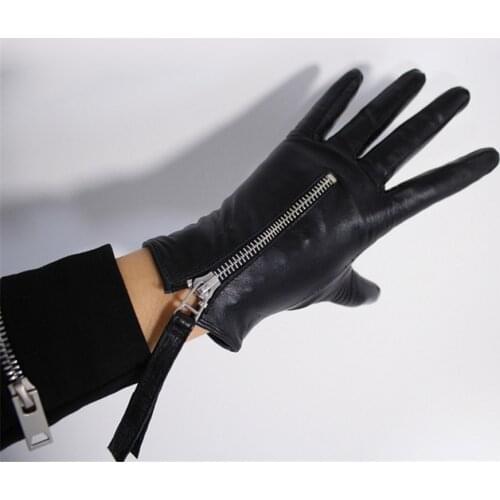 WomenS 21cm Leather Silver zipper Gloves Short High Quality Goatskin Black Touch Screen Gloves TBBL11