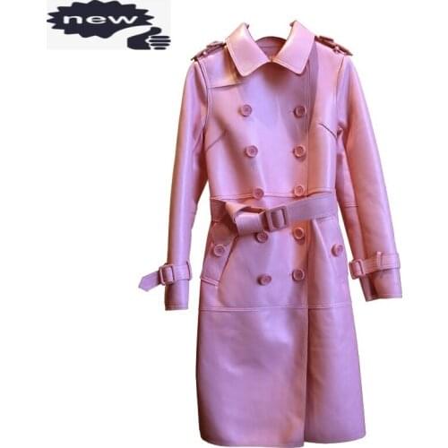 2021 New Fashion Elegant Womens Sashes Double Breasted Long Coats Turn Down Collar Genuine Leather Sheepskin Autumn Multi Color