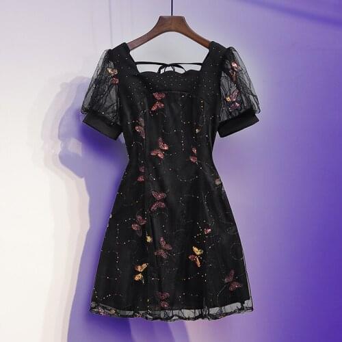 Summer Mini Dress Mesh Embroidery Elegant Womens High Waist Butterfly Sequins Party Dresses New Plus Size Casual Black Dress