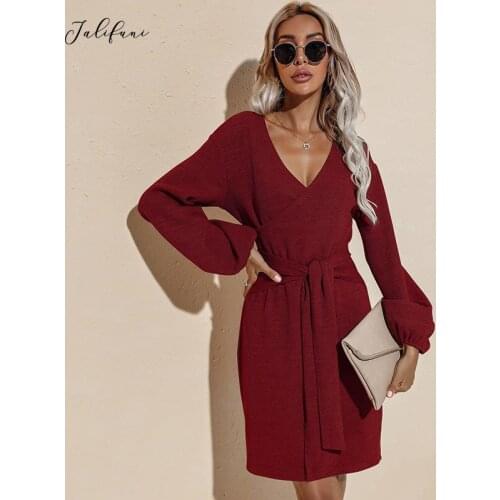 2021 Women Knitted Dress Elegant V-neck Long Lantern Sleeve Solid High Waist Dress Female Lace-up Party Autumn Vestidos 2021