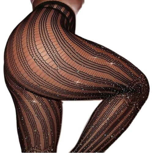 Shinny Striped Stockings Transparent Black Fishnet Stocking Thigh High Sheer Tights Embroidery