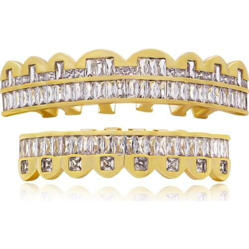 Hip Hop Gold Teeth Grillz Top & Bottom Grills Set With Silicone Shiny Grill Sets Bling Silver Color AAA Cubic Zircon Jewelry