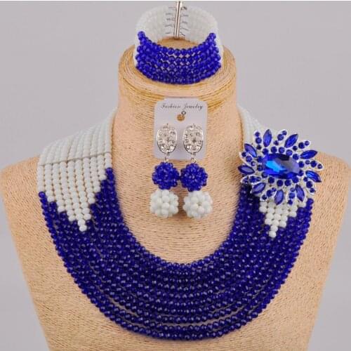 Fashion White and Royal Blue Nigerian Wedding African Beads Jewelry Set Crystal Costume Necklace Free Shipping DSJ-02