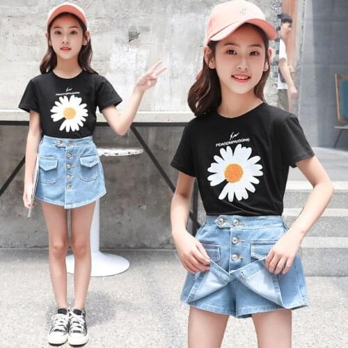 Children Clothing Sets 2021 New Fashion Summer Toddler Girls Flower Short Jeans 2pcs Outfits Teens Skirts Suit Kids Clothes