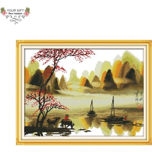Joy Sunday F743(2) Free Shipping Counted and Stamped Home Decor Poetic Lijiang Li River China Embroidery Cross Stitch Kits