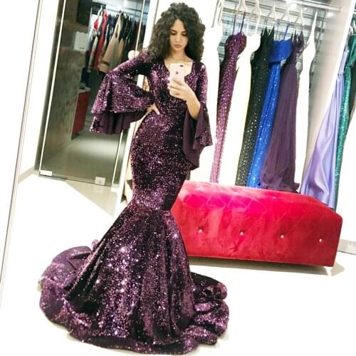 New Arrival Plus Size Dark Purple Bling Prom Dresses Mermaid Sequin Long Sleeve Evening Runaway Award Ceremony Gowns Customize