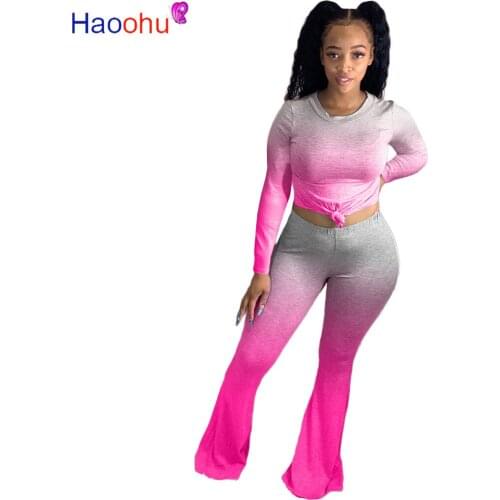 Active Wear 2 Piece Set Fall Clothes for Women Gradient Print Long Sleeve Slim Crop Top + Skinny Flare Legging Lounge Wear Suit