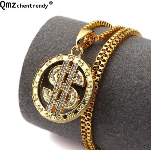 Punk gold Money Whirligig Spin US Dollar Sybol Rich Round Pendant Box Chain Necklace Hip Hop USD Iced Out Rapper necklace