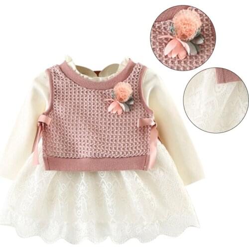 Newborn Baby Kids Girls Sweet Dresses Summer Toddler Girls Cute Long Sleeved Princess Dress+Knit Vest 2 pcs Children Clothes 0-3