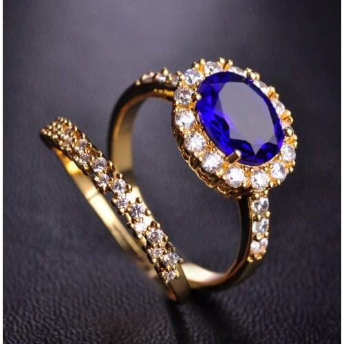OI Luxury Fashion Shiny Blue Zircon Rhinestones Copper Ring Double Rings Women Girls Party Banquet Wedding Finger Accessories