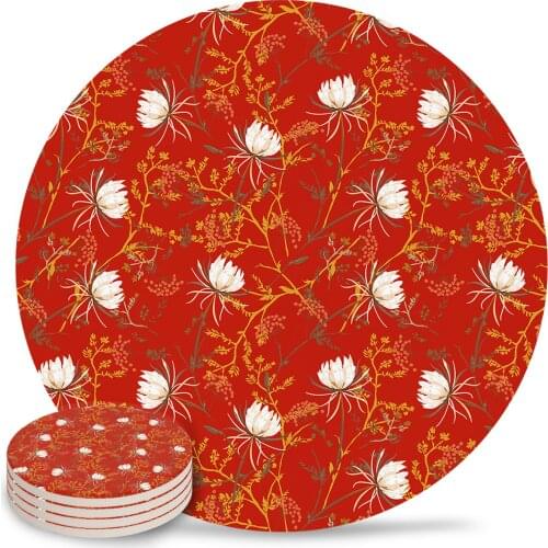 Vintage Snowdrop Flower Plant Round Coaster Coffee Table Mats Kitchen Accessories Absorbent Ceramic Coasters