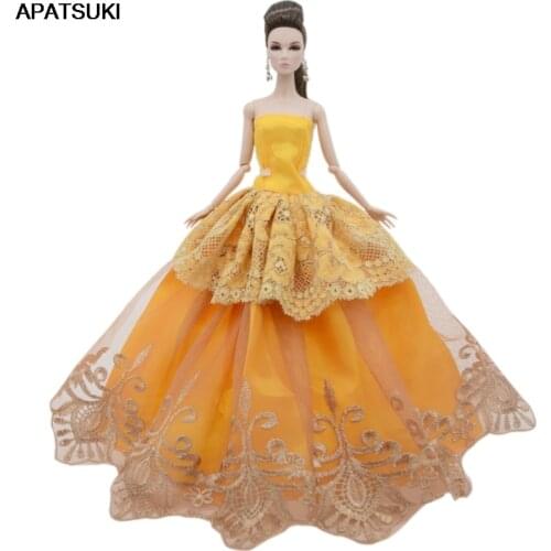 Yellow Lace Wedding Dress For Barbie Doll Outfits Fashion Doll Clothes Party Gown For 1/6 BJD Dolls Accessories Kids Toys