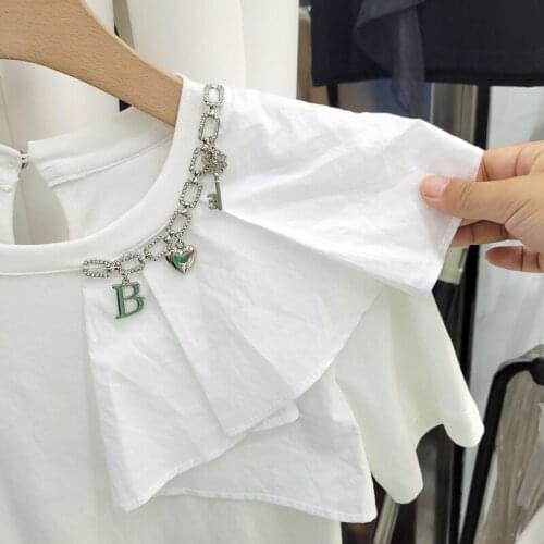 Shoulder Patchwork Ruffled Diamond Studded Chain T-shirt Female Summer Solid Color Slim Elastic Tee Shirt Top Women White