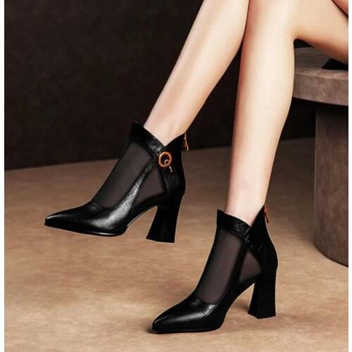 New Womens Art Net Yarn Single Shoes Elegant Temperament Mother Sandals Extra Large Short Boots Ladies High-heeled Ankle Boots