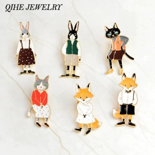QIHE JEWELRY Pins and brooches Rabbit/Fox/Cat couple enamel pin Badges Hat Backpack Accessories Lovers jewelry Gift for lover