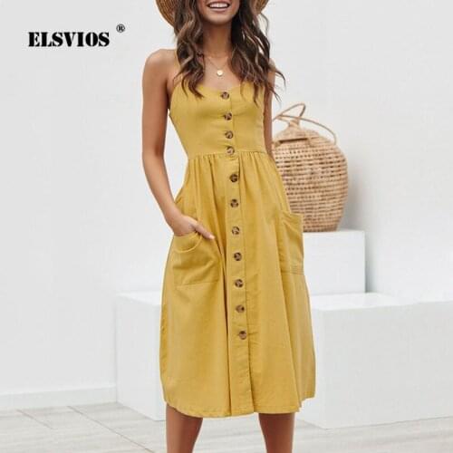 ELSVIOS Ladies Sexy Backless Beach Summer Dress Women Deep V Neck Buttons Female Spaghetti strap Pockets Midi Dresses Vestidos