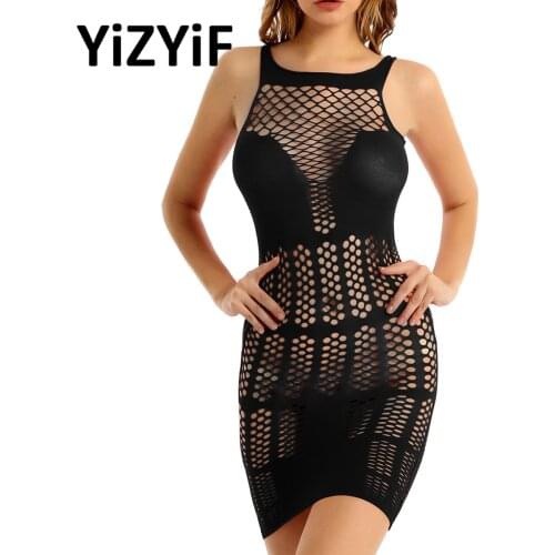 Women Sheer See-through Dress Sexy Strapless Mesh Lingerie Fishnet Babydoll Mini Dress Clubwear Beach Dress