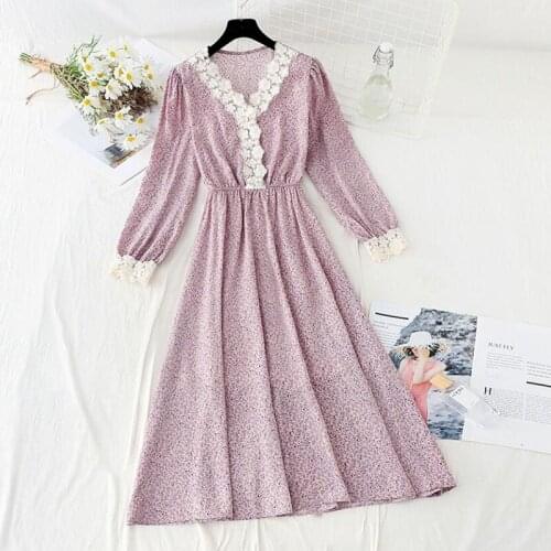 2021 New Fashion Womens French Vintage Dress Women Elegant Lace V Neck Long-Sleeved Chiffon Floral Dresses Mid-calf Vestidos