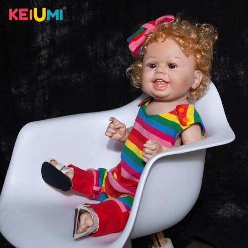 22 Inch Happy Smile Rooted Fiber Hair Bonecas Reborn Short Curly Hair Colorful Striped Clothes Reborn Baby Girl