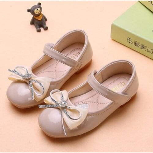 Beige Pink Black Girls Leather Shoes for Kids Bow Rhinestone Princess shoes for spring autumn chaussure fille 3 4 5 6 7 8 9-12T