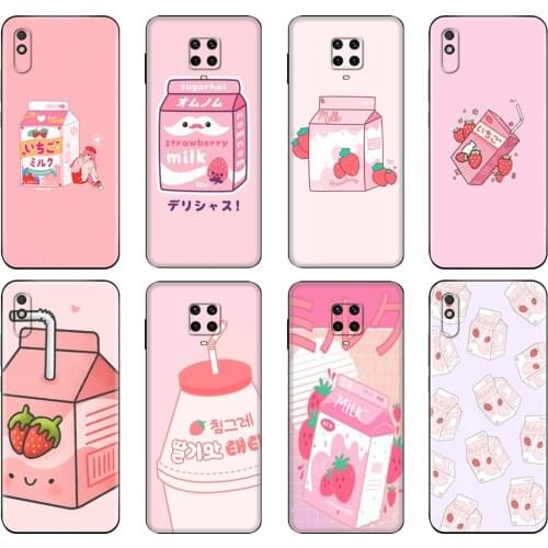 Black tpu Case For Xiaomi Redmi 7A 8 8A 9 9A 9C Case Redmi Note 8T 8 Pro T Note 9 9S 9 Pro Case Cute Japanese Strawberry Milk