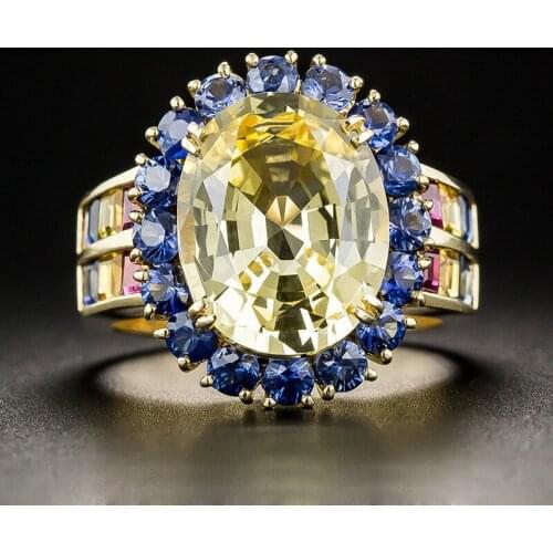 Oval Yellow Crystal Citrine Gemstones Diamonds Rings for Women 18k Gold Color Jewlery Bague Bijoux Trendy Party Accessories Hot